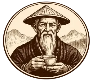 Illustration of an elderly man with a beard holding a cup, set against a mountainous landscape.