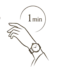 Illustration of a wrist with a watch and a circle indicating '1 min' above it.