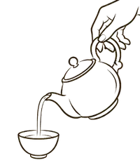 Line drawing of a hand pouring tea from a teapot into a cup.